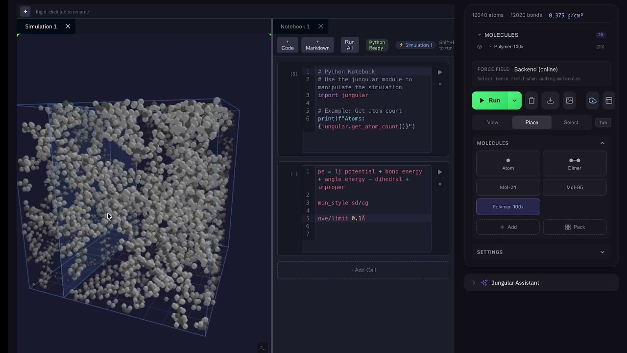 A dense box of ~12,000 atoms — a polymer packed 20 times with overlaps — alongside the LAMMPS command "fix relax all nve/limit 0.1".
