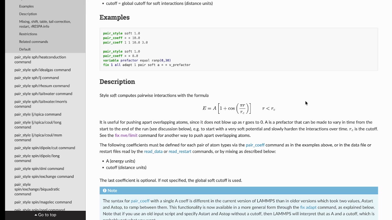 The LAMMPS documentation for pair_style soft, showing the formula E = A[1 + cos(pi·r/rc)] and the pair_style soft / fix adapt example.