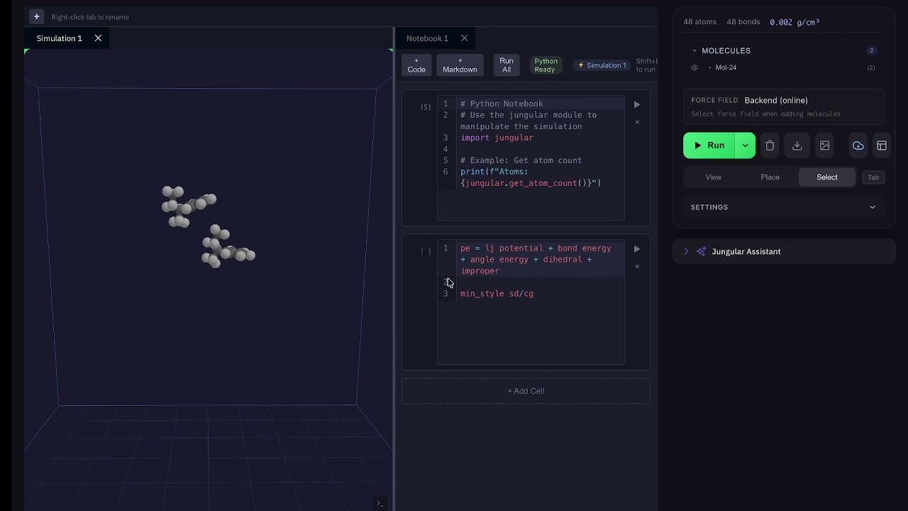 A Jungular notebook cell showing the potential-energy breakdown and "min_style sd/cg", next to two molecules in the simulation box.